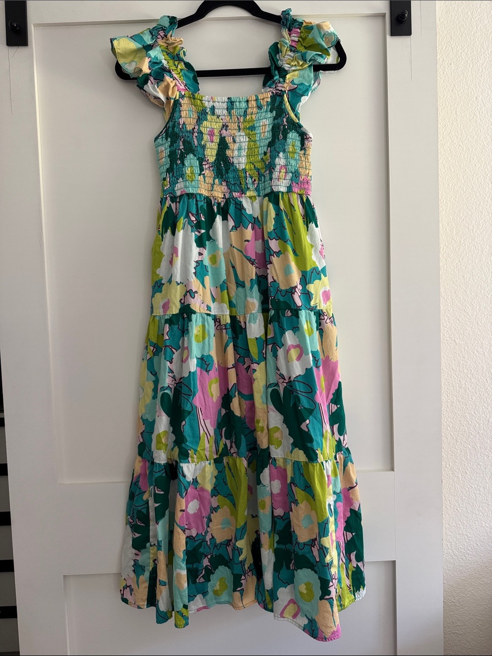 CROSBY by Mollie Burch Teal Green Floral Ruffle-Shoulder Midi Dress SMALL